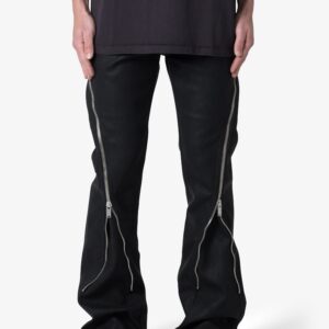 D519 Leather Zipper Flare Pants - Black