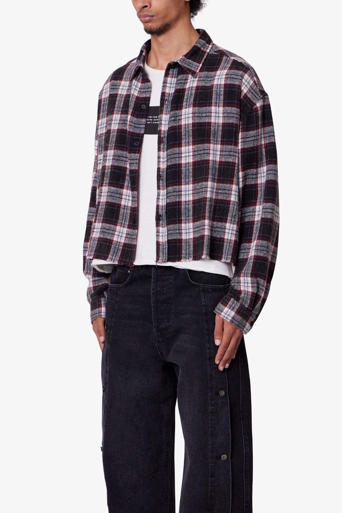 Washed Cropped Flannel Shirt - Black/White - 图片 3