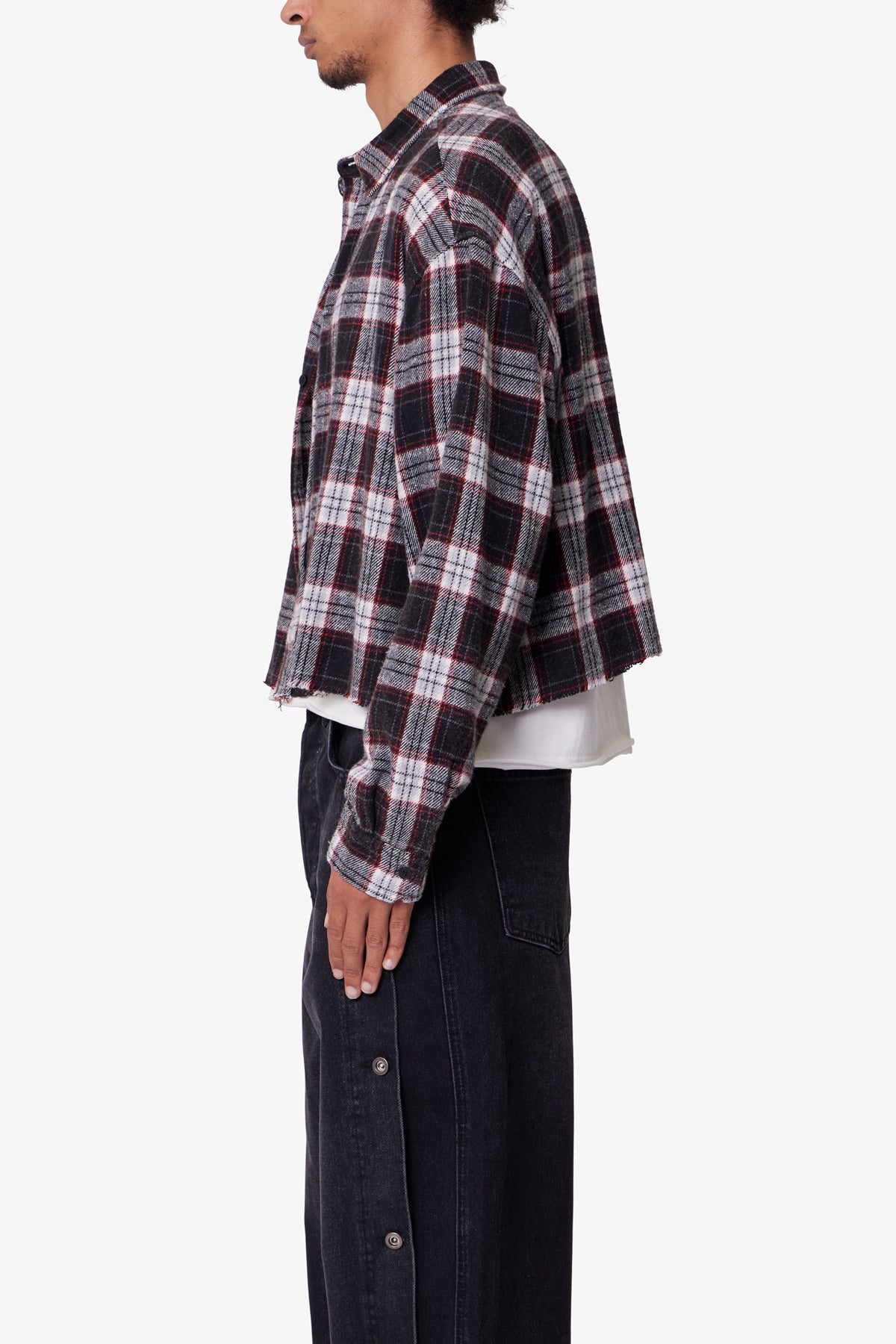 Washed Cropped Flannel Shirt - Black/White - 图片 4
