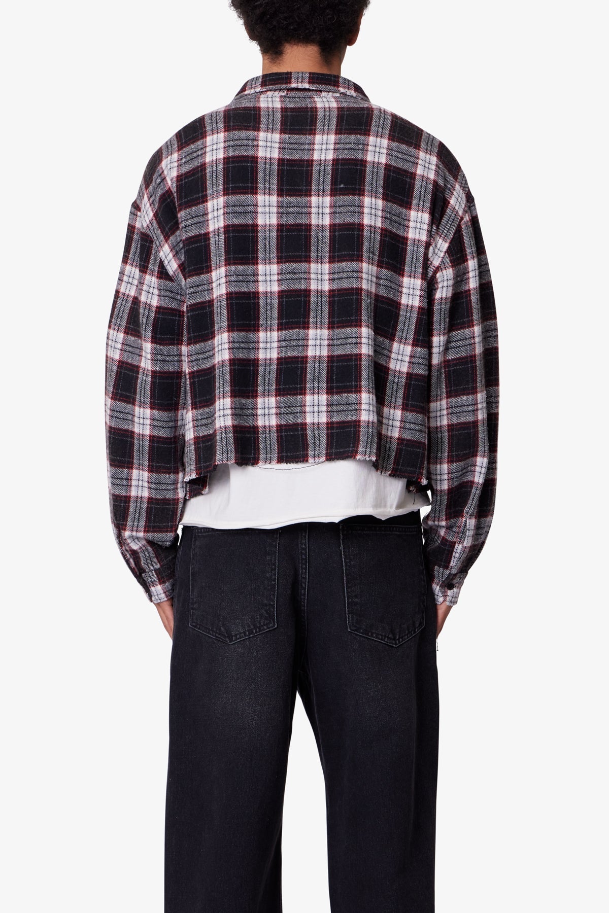 Washed Cropped Flannel Shirt - Black/White - 图片 5